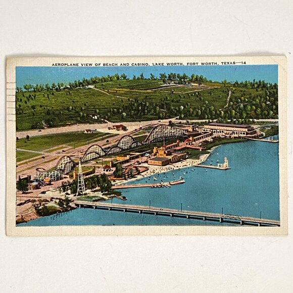 c1930s Aeroplane View Of Beach Casino Lake Worth Fort Worth Texas Linen Postcard - Picture 2 of 6